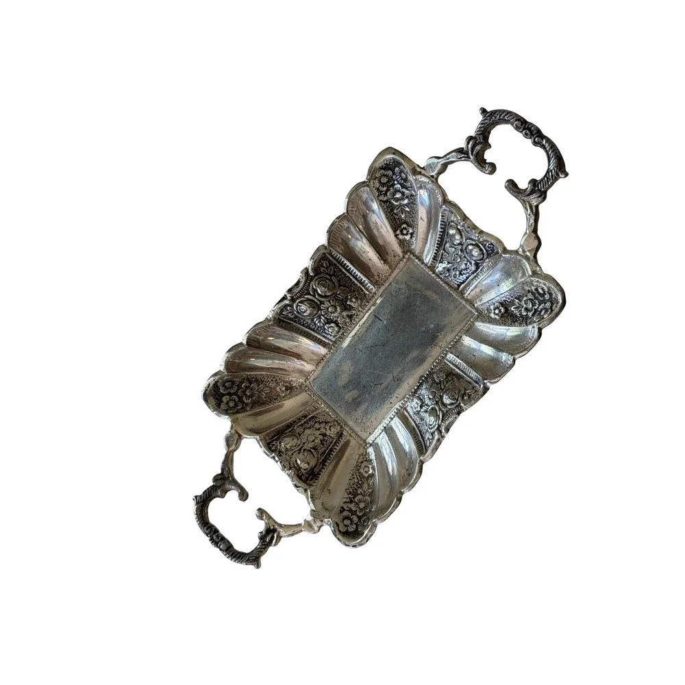 Two's Company Trinket Tray Small Silver Floral Repousse Footed Scrolled Handle